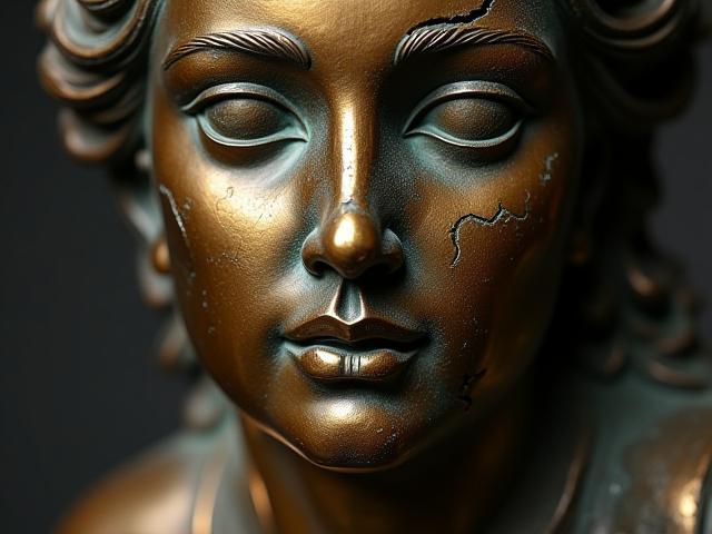 Damaged antique bronze sculpture with patina and visible cracks